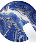 Luxury Blue Gold Marble Round Mouse Pad With Non Slip Rubber Base And Stitched Edge, 8 By 8 Inches Desk Mat For Home Office Decor