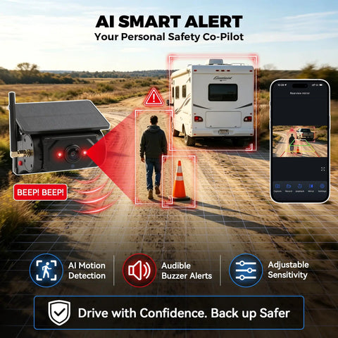 Wireless Solar Backup Camera 1080P with Smartphone App Control showing AI motion detection alert with RV on dirt road.