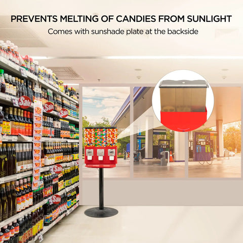 Commercial Candy Machine Dispenser Featuring Center Gumball Reel And Roomy Side Candy Bins Coin Operated Snack Stand with sunshade plate.