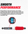 RS5000X compatible shock absorber with red boot and highlights smoother highway and off road rides for Dodge Ram 1500 and Chevrolet Silverado 1500.