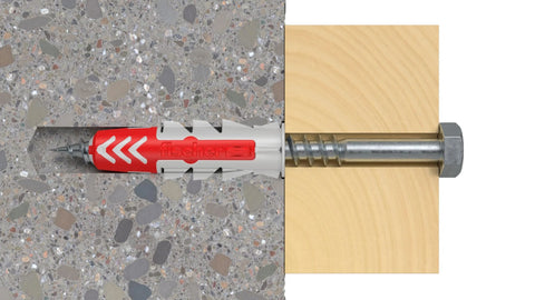 Installation of 100 X DuoPower Dowels 8 X 40 mm for solid walls, showing expansion in concrete with a secured bolt