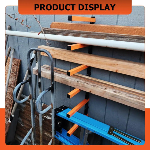 Heavy Duty Six Shelf Lumber Rack Wall Mount Wood Organizer Built Tough For Garage Storage Rock Solid Steel Construction displays lumber and pipes.