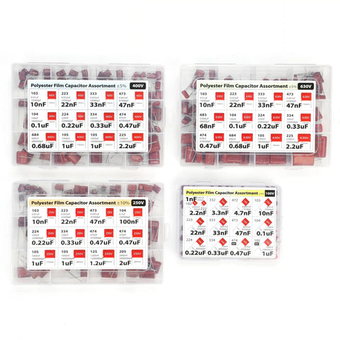 Premium Metalized Film Capacitor Assortment 415 Pieces Spanning 100 Volts 250 Volts 400 Volts with color-coded storage boxes.