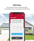 Smartphone app showing garage door schedule settings, WiFi Enabled Smartphone Garage Door Controller Lets You Monitor Open And Close Your Door From Anywhere With iPhone Or Android, Works With Alexa And Google Assistant For Hands Free Smart Home Control.