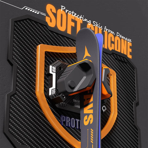 Image of Badass Ski And Snowboard Wall Rack with soft silicone pads protecting skis from damage against a textured wall.