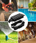 IP55 Weatherproof Outdoor Electrical Box With Detachable Awning UL Listed Compact 5.9 By 3.2 By 1.8 Inch Inner Space Extension Cord Cover For Plugs Outlets And Holiday Lights Black showing use scenarios like log cutting, pool pump, garden irrigation, and holiday lighting.