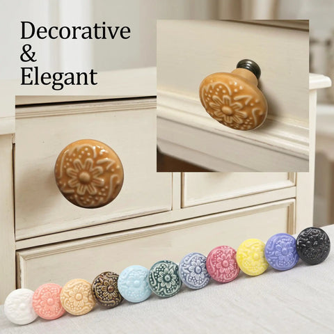 Eight Vintage Ceramic Knobs Set With Screws For Dresser Cabinet Drawer Doors Retro Floral Pulls For Kitchen Furniture White Finish