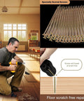 Man using Floor Squeak Fix Kit With 5 Tools And 50 Notch Screws For Squeaky Hardwood Floors Under Carpet, showing repair process.