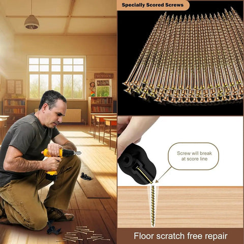 Man using Floor Squeak Fix Kit With 5 Tools And 50 Notch Screws For Squeaky Hardwood Floors Under Carpet, showing repair process.