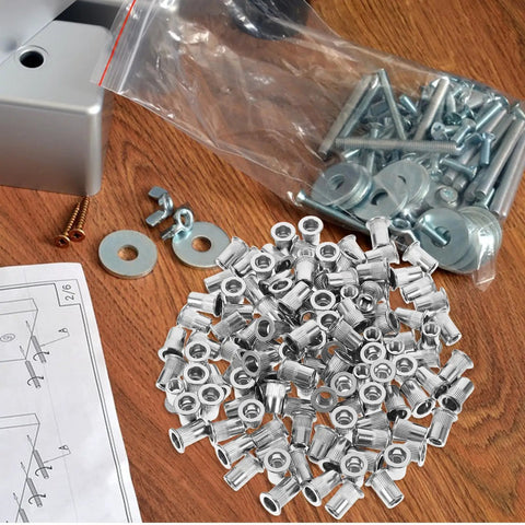 Knurled Flat Head Rivet Nuts Kit Stainless Steel 120 Pieces With Easy Installation And Secure Connection One Quarter Twenty Thread Inserts shown