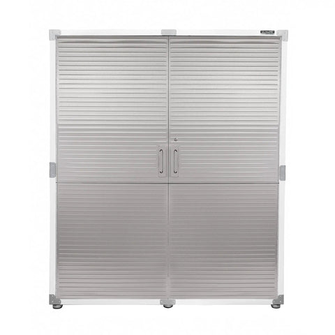 Tough As Nails Heavy Duty Steel Storage Cabinet With Lockable Door And Six Adjustable Shelves, front view, gray metal, garage organizer.