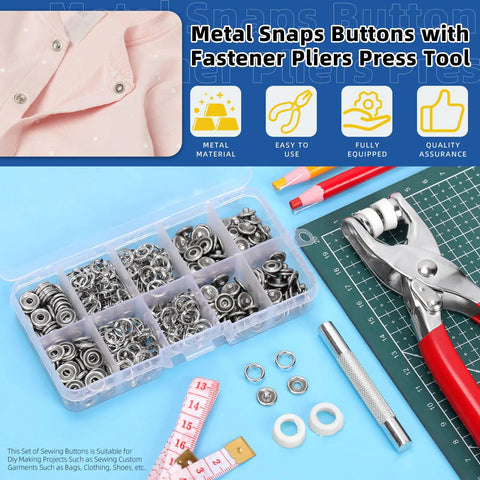 Comprehensive 407 Piece Metal Snap Button Kit Featuring Three Eighths Inch Silver Fasteners with heavy duty press pliers and tools.