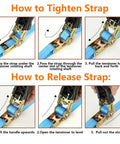 Beefy 1 Inch Tie Down Straps, 20 Foot Length With Hooks, 2200 Lbs Break Strength instructions for tightening and releasing.