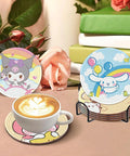 Diamond Art Coasters Set With Holder For Adults And Kids, featuring cartoon designs, coaster with cup, and coaster holder.