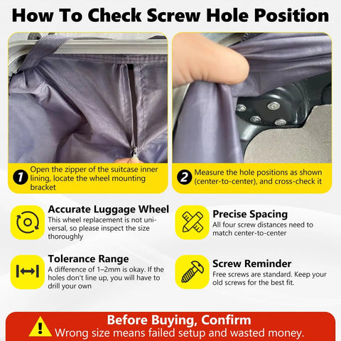 How To Check Screw Hole Position for Heavy Duty Luggage Wheels Replacement Set Built Hella Tough for proper fitting.