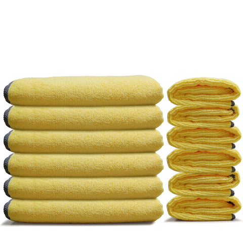 EvaClean 16x16-inch yellow microfiber cleaning towels, 12-pack; stacked flat with six folded towels beside.
