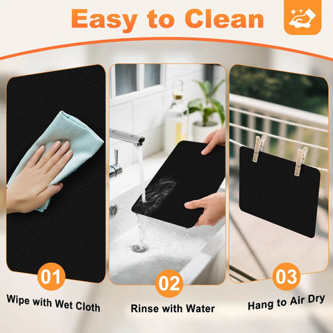 Easy to clean Heavy Lifter Small Appliance Slider For Countertop showing wipe, rinse, and air dry steps for maintenance.