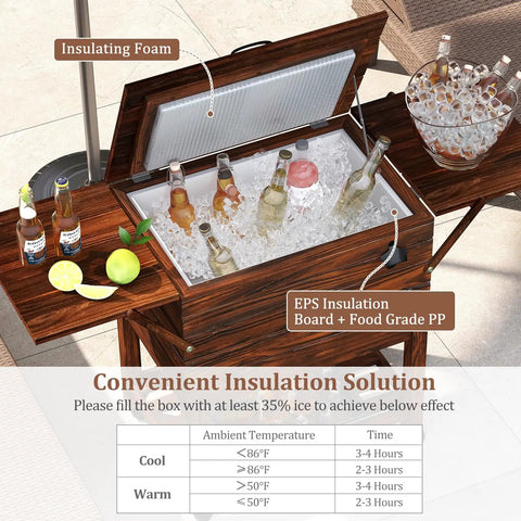 54-Quart Rolling Cooler Cart With Two Drop Leaf Tables Built In Bottle Opener Pine Wood Outdoor Beverage Cooler On Wheels Party Ready For Backyard Parties Yard Pool Deck Patio.