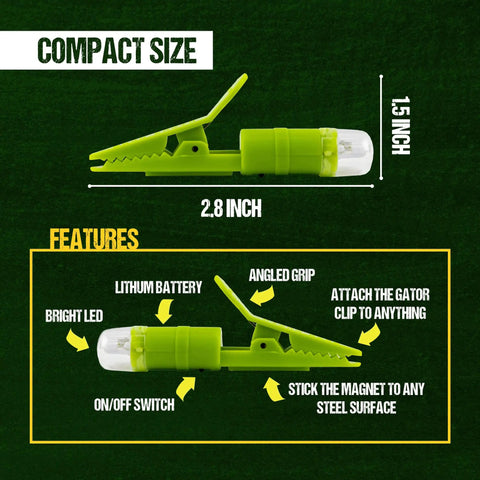 Compact green Mini LED Light with Magnetic Clip detailing features, part of Multi-Use Mini LED Lights 5 Pack With Magnetic Clip And Hands Free Design.