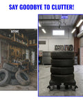 Before and after comparison of tire storage with Heavy Duty Tire Dolly With 500 Lb Load Capacity And Smooth Rolling Garage Storage Rack.