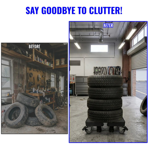 Before and after comparison of tire storage with Heavy Duty Tire Dolly With 500 Lb Load Capacity And Smooth Rolling Garage Storage Rack.