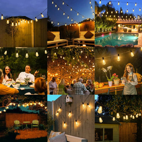 Collage of 100Ft Outdoor String Lights With 52 Shatterproof Edison Bulbs illuminating various outdoor settings, patios, and decks