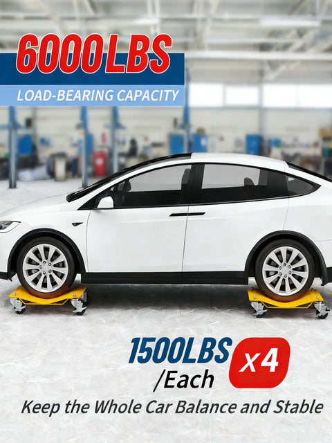 Heavy Duty Car Wheel Dolly Set Beefy Steel Frame 6000 Pound Capacity 360 Degree Swivel Casters under car for stable support