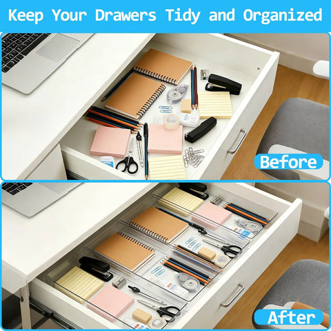 Comparison of desk drawer before and after using 4 Pack 15x6 Inch Extra Large Clear Plastic Drawer Organizer Trays for organization