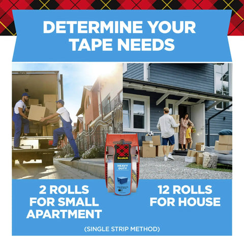 Heavy Duty Clear Packing Tape Six Roll Pack With Smart Dispenser shown with packing tips for apartments and houses.