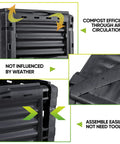 80 Gallon Outdoor Compost Bin With Top Flip Lid Includes Gloves Large Aerating Garden Box For Yard Waste Easy Exit Door BPA Free Material Black Turns Scraps Into Rich Compost Fast with weatherproof sides and easy assembly