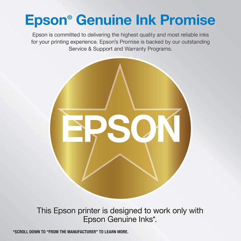 Epson Genuine Ink Promise badge with star, highlighting Epson's warranty and commitment to reliable ink use.