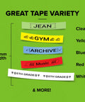 Assorted label tapes in green, yellow, blue, red, and white with text, compatible with the Pink Handheld Label Maker for home and office.