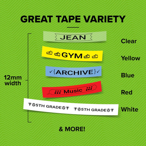 Assorted label tapes in green, yellow, blue, red, and white with text, compatible with the Pink Handheld Label Maker for home and office.