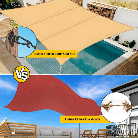Top image shows installed shade sail with Tough As Nails 304 Stainless Shade Sail Hardware Kit 6 Inch Matte Black; bottom image shows alternative setup.
