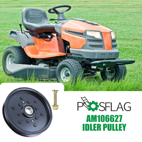 Straight Up Heavy Duty Idler Pulley Replaces AUC16698 And AM106627 For John Deere Zero Turn Mower Deck Parts, part with bolt and mower in background.