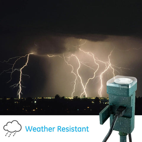 Built Like A Tank Weather Resistant Outdoor Mechanical Timer With An Effortless 24 Hour Dial Routine Plus Beefy 6 Grounded Outlets For String Lights Fountains And Pump Gear in stormy weather.