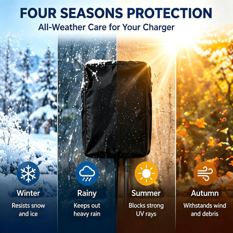 No Sweat Heavy Duty EV Charger Cover Compatible With Lectron V Box Pro Nacs Plugs shown with seasonal protection from weather.