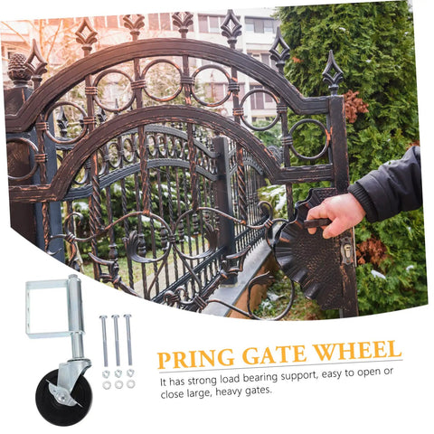 Heavy Duty Spring Gate Caster For Fences that glides smoothly on a metal gate, built for strong load support up to 200 pounds.