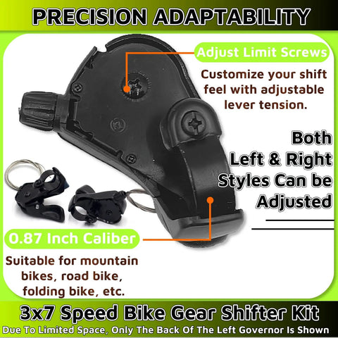 Black 7 Speed Thumb Gear Shifter Set 3x7 For Road City Mountain Bikes TX30 Lever, with adjustable limit screws and tension.