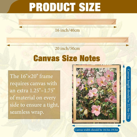 Diagram showing Three Pack Wood Canvas Frame Kit 16x20 DIY Easy To Assemble Stretcher Bars with 16 inch and 20 inch bar sizes.