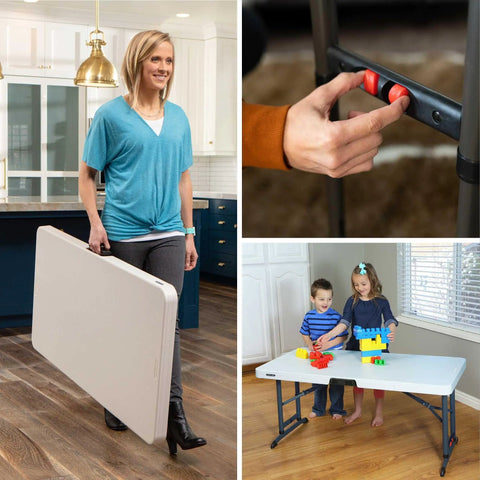 Woman carrying Commercial Adjustable Folding Table For Indoor And Outdoor Use 4 Foot Surface With Solid Seamless Top Height Settings