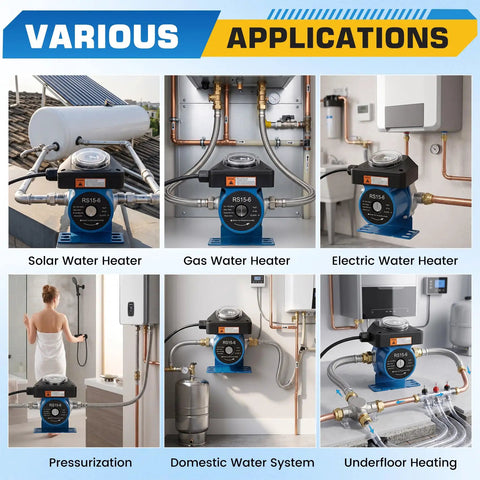 Instant Hot Water Delivery Recirculation Pump Replacement Kit With Durable Brass Valves and Quick Connect Lines for Faster Shower Flow, shown in various heating applications.