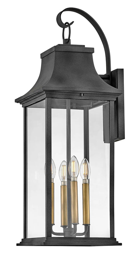 Extra Large Outdoor Wall Lantern Featuring Heritage Brass And Aged Zinc Finish Dang Tough Aluminum Build Clear Glass Panels close-up of classic coach light design.