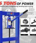 Six Ton H Frame Hydraulic Shop Press in blue for home garage use with bearing and U-joint tools displayed on side
