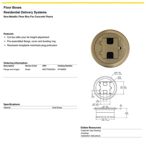 Diagram and specifications of Preassembled Flange Cover And Leveling Ring For Floor Boxes Poured In Concrete With 15A 125V Outlet Included Brass Fits RF400 Floor Box No Fuss Easy Push In Leveling System For Quick Slab On Grade Install