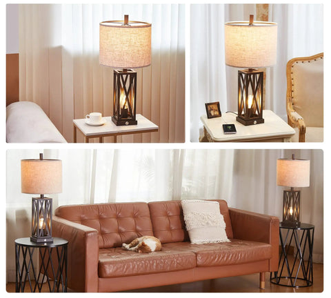 Set Of 2 Modern Bedside Lamps With Rustic Touch Control 3 Way Dimmable Lower Light And Dual USB Ports Cozy Farmhouse Vibe Vintage Style Table Lamps For Living Room And Bedroom Brown Finish With 4 Bulbs in a cozy room setting with a fabric shade and USB ports.