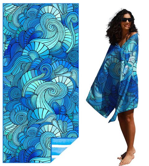 Ultra Thin Lightweight Microfiber Beach Towel With Carry Strap Sand Free Quick Dry Absorbent Compact, Waves Tie Dye design, on person