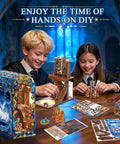 Children assembling DIY Miniature Book Nook Kit With LED Light, Fantasy Bookstore Scene for Your Shelf on a wooden table.