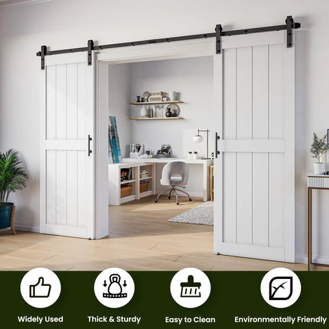 Rock Solid Double Sliding Barn Door 30 By 84 Inches White Primed Mdf And Pvc With Beefy 10 Foot Hardware Kit installed in a home office doorway.