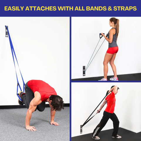 Multiple angles showing Top Tier Dual Hook Resistance Band Wall Anchor For Sick Home Gym Setups With Heavy Duty Wood Screws Included.